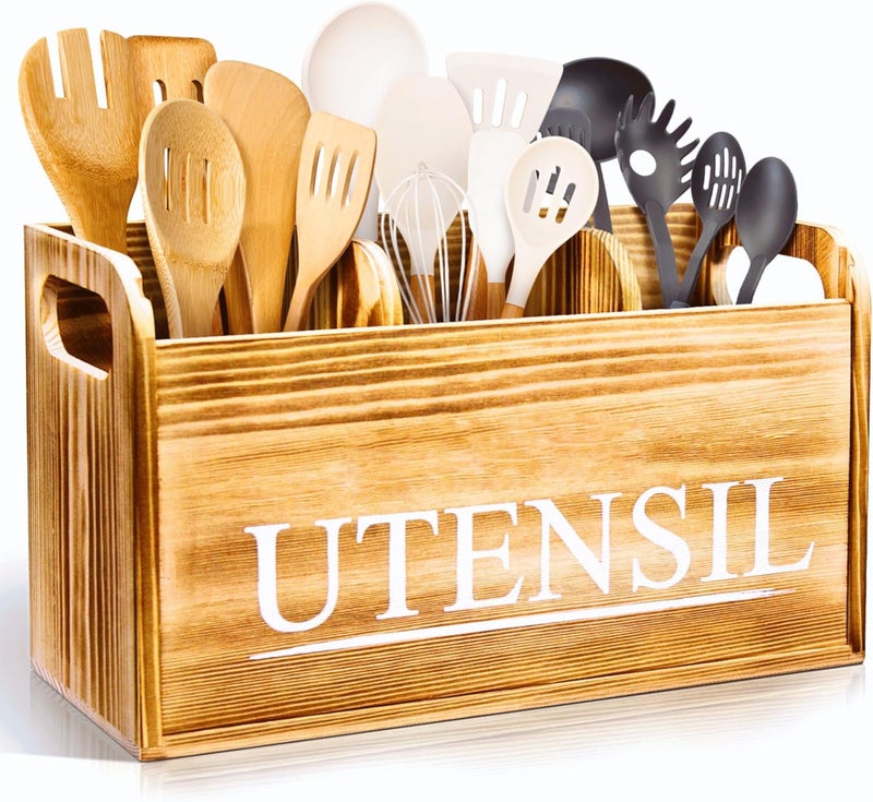 brekle Kitchen Utensil Holder Rustic Large Wooden Utensil Organizer Cooking Tools Storage (Farmhouse Wooden) - Image 1